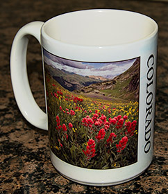 Coffee cup with photos of Colorado.